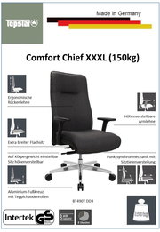 Ergonomischer XL-Drehstuhl mit hoher Rückenlehne, höhenverstellbaren Armlehnen und extra breitem Sitz, seitliche Perspektive