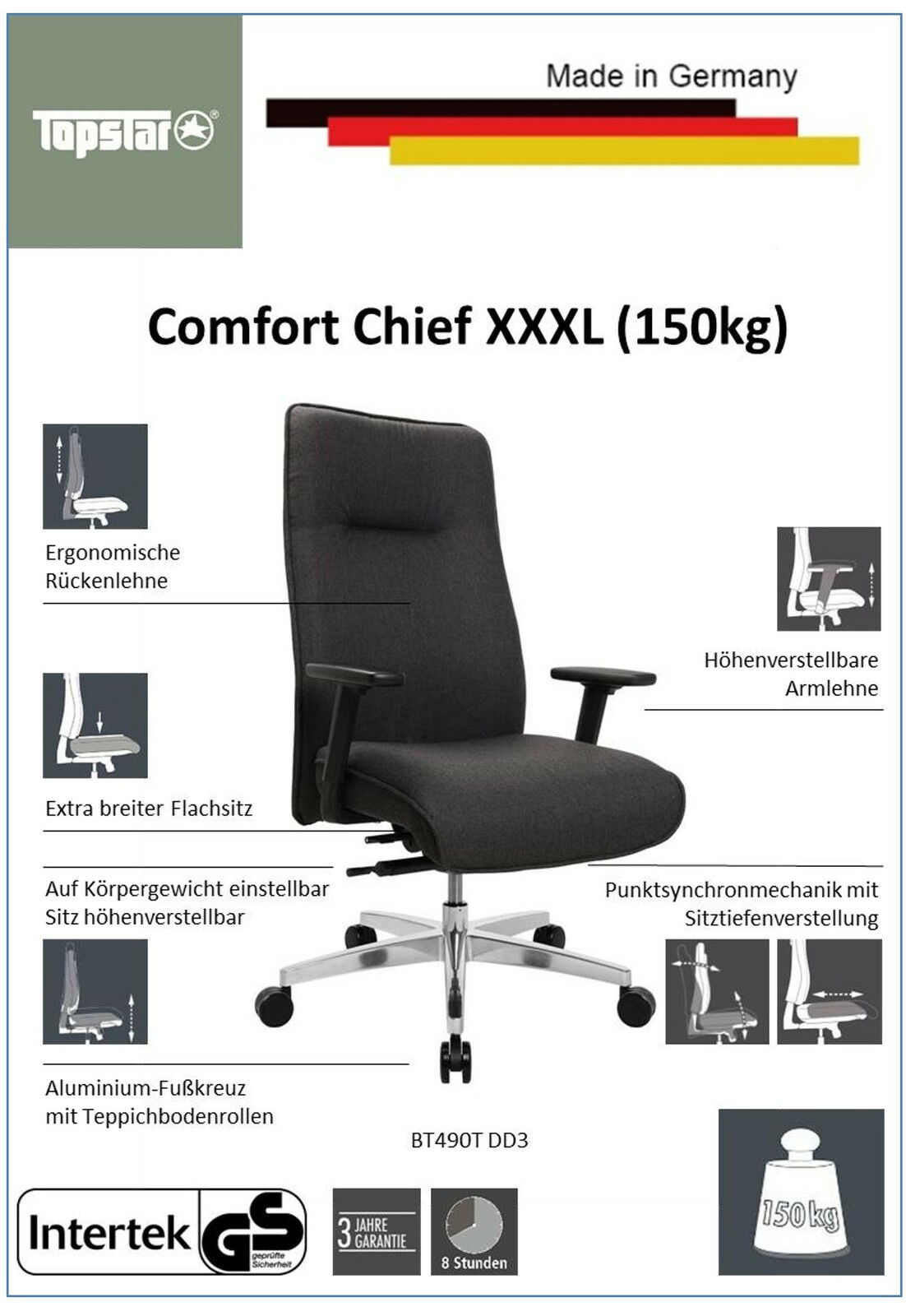 Ergonomischer XL-Drehstuhl mit hoher Rückenlehne, höhenverstellbaren Armlehnen und extra breitem Sitz, seitliche Perspektive