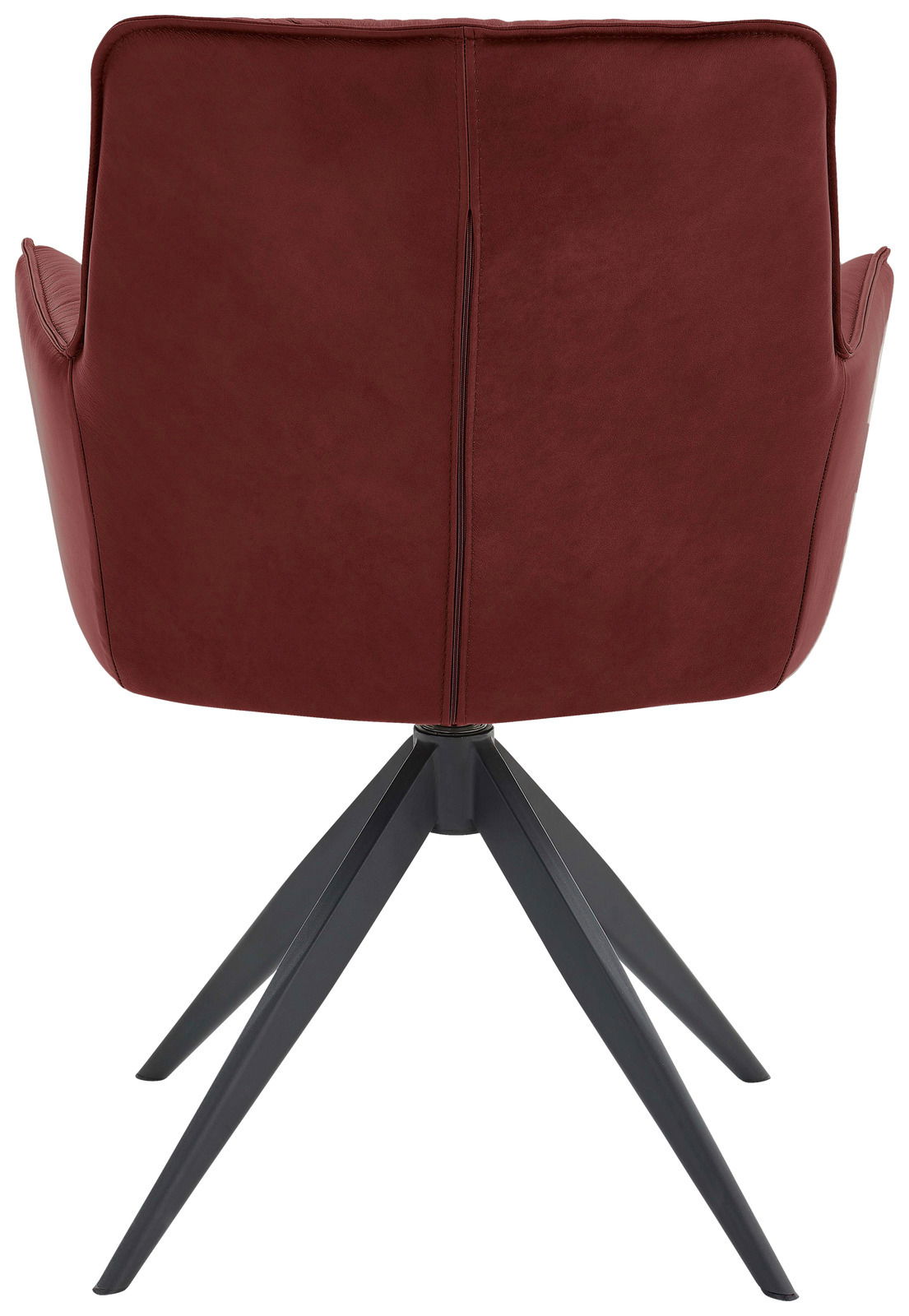Dieter Knoll Design-schaalstoel PREMIO Rückansicht eines modernen Design-Schalensessels in dunkelrotem Leder mit schwarzen Metallbeinen.