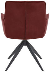 Rückansicht eines modernen Design-Schalensessels in dunkelrotem Leder mit schwarzen Metallbeinen.