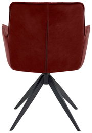 Rückansicht eines modernen Design-Schalensessels in dunkelrotem Leder mit schwarzen Metallbeinen.