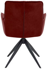Rückansicht eines modernen Design-Schalensessels in dunkelrotem Leder mit schwarzen Metallbeinen.
