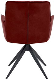 Rückansicht eines modernen Design-Schalensessels in dunkelrotem Leder mit schwarzen Metallbeinen.