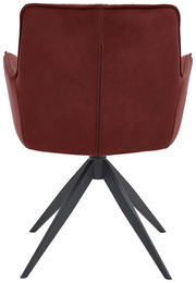 Rückansicht eines modernen Design-Schalensessels in dunkelrotem Leder mit schwarzen Metallbeinen.