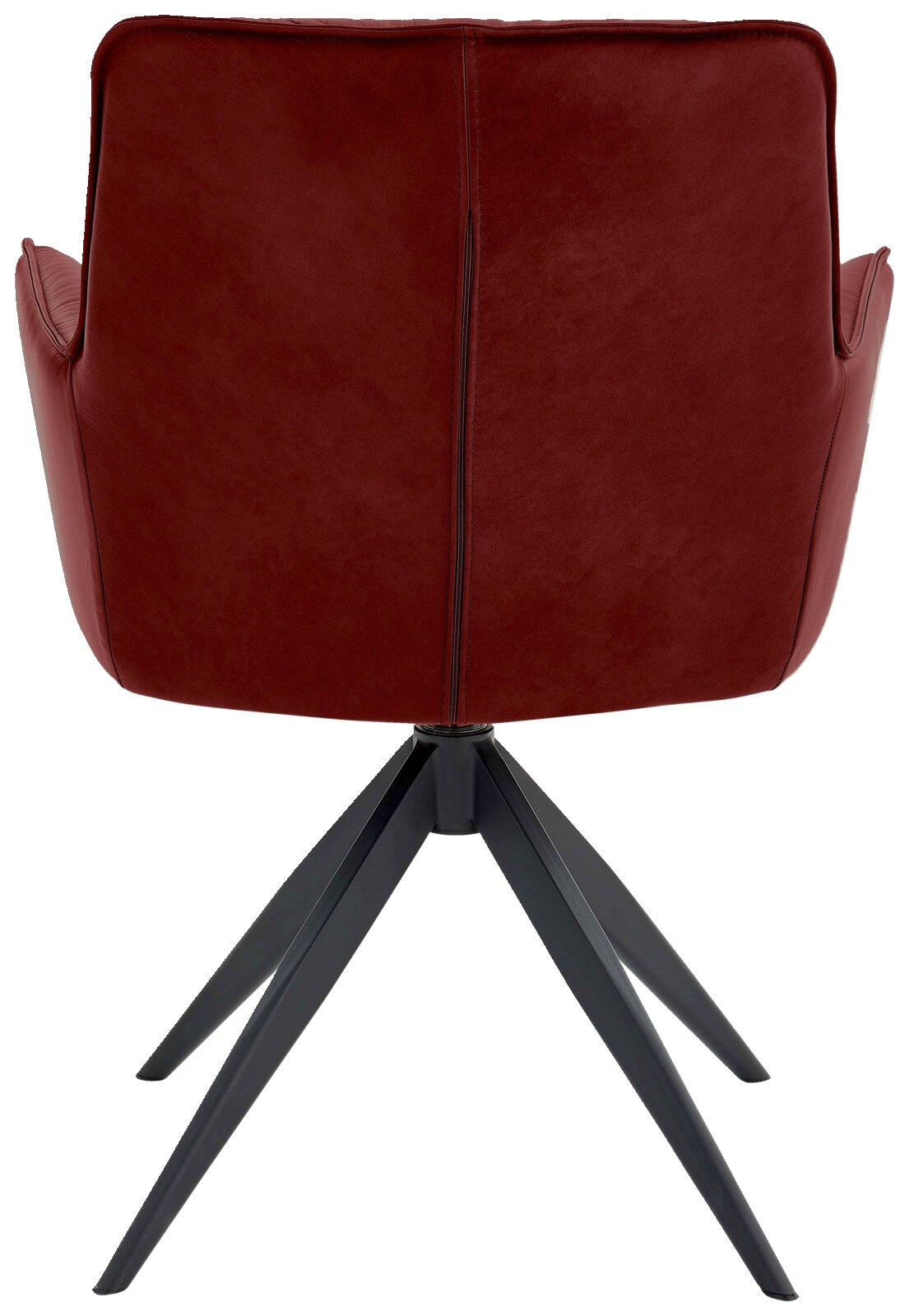 Rückansicht eines modernen Design-Schalensessels in dunkelrotem Leder mit schwarzen Metallbeinen.