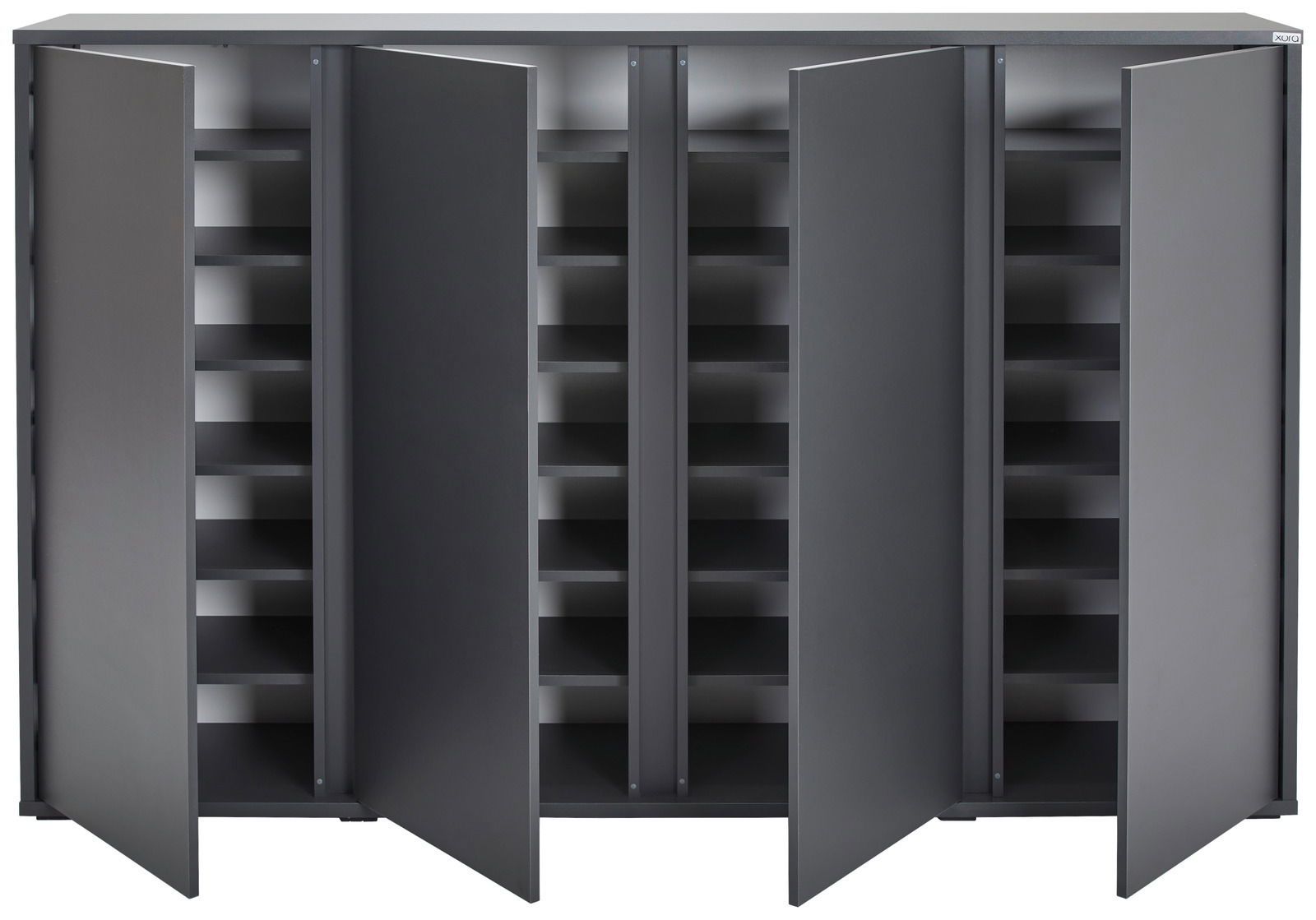 Moderner Schuhschrank mit offenen Türen, frontal betrachtet, zeigt mehrere Regalböden für Schuhe.