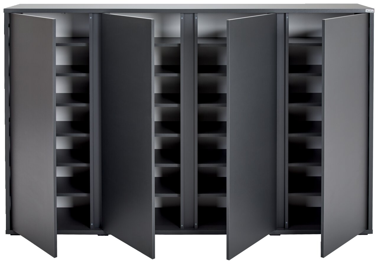 Moderner Schuhschrank mit offenen Türen, frontal betrachtet, zeigt mehrere Regalböden für Schuhe.