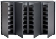 Moderner Schuhschrank mit offenen Türen, frontal betrachtet, zeigt mehrere Regalböden für Schuhe.