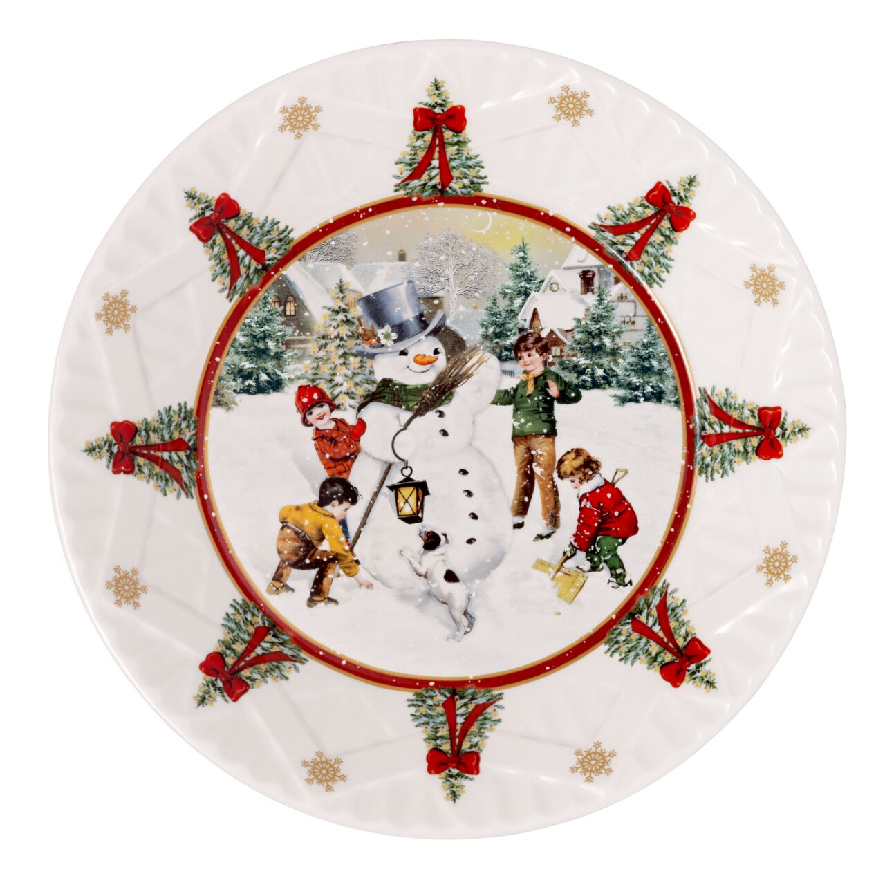 Große Schale mit einem Schneemann-Motiv, umgeben von Kindern im Schnee, dekoriert mit Tannenbäumen und roten Schleifen, aus der Vogelperspektive.