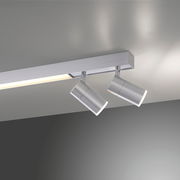 Moderne Deckenleuchte PURE-LINES von Paul Neuhaus mit zwei verstellbaren Strahlern in silberner Optik, seitliche Perspektive
