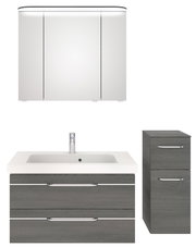 Badezimmermöbel-Set bestehend aus einem weißen Spiegelschrank, einem Waschbecken mit grauem Unterschrank und einem grauen Hochschrank, frontal betrachtet.