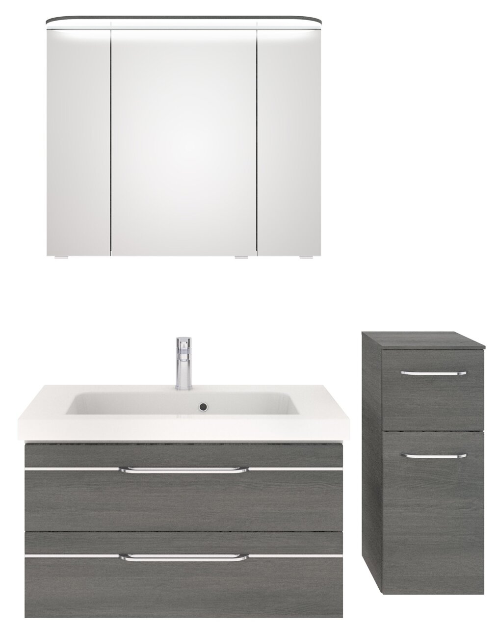 Badezimmermöbel-Set bestehend aus einem weißen Spiegelschrank, einem Waschbecken mit grauem Unterschrank und einem grauen Hochschrank, frontal betrachtet.