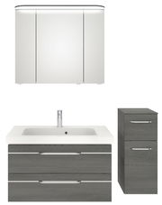 Badezimmermöbel-Set bestehend aus einem weißen Spiegelschrank, einem Waschbecken mit grauem Unterschrank und einem grauen Hochschrank, frontal betrachtet.