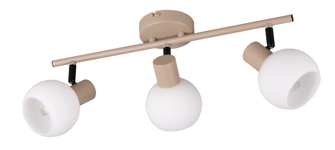Dreiflammiger Strahler in Beige mit weißen Kugelschirmen, seitliche Perspektive