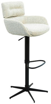 Moderner Barhocker mit gepolsterter Sitzfläche und Rückenlehne in heller Stoffoptik, schwarzem Metallgestell und Fußstütze, seitliche Perspektive.