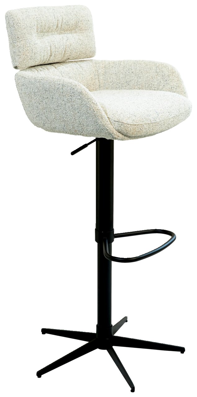 Dieter Knoll Barhocker PABLO Moderner Barhocker mit gepolsterter Sitzfläche und Rückenlehne in heller Stoffoptik, schwarzem Metallgestell und Fußstütze, seitliche Perspektive.