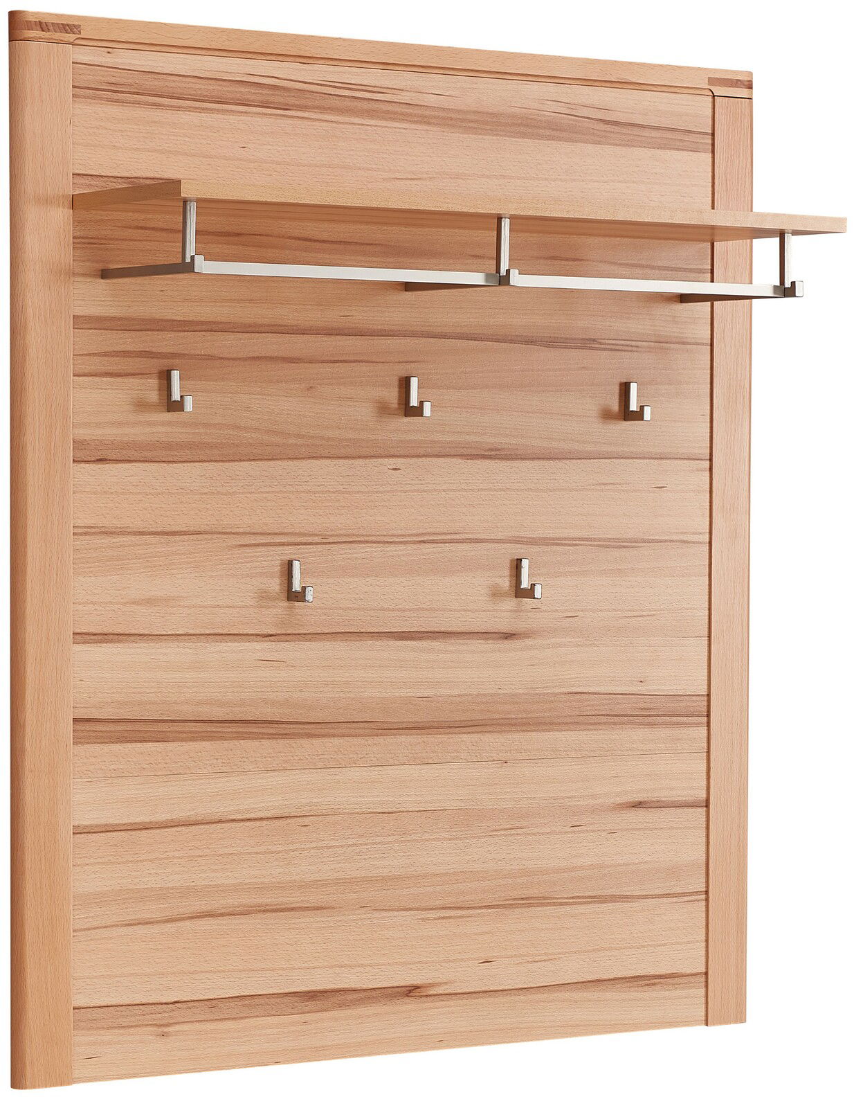 Garderobenpaneel aus Holz mit mehreren Haken und einer Ablage, seitliche Perspektive