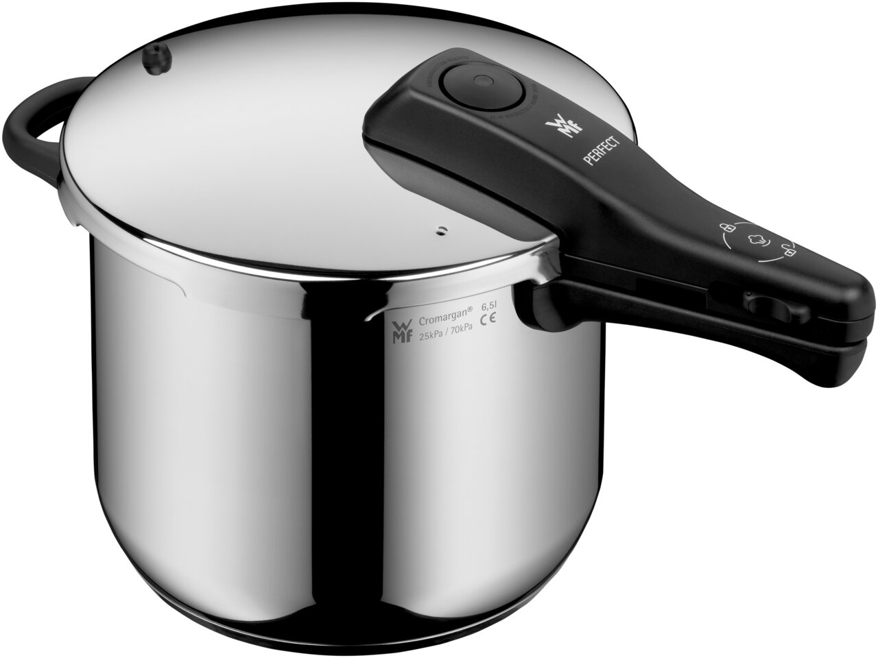 Schnellkochtopf Perfect 6,5L aus Edelstahl, seitliche Perspektive