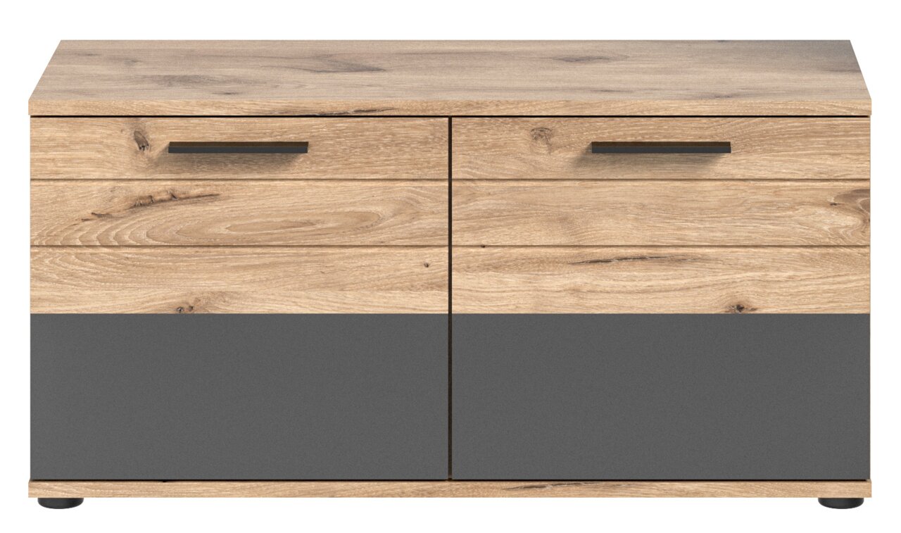 Frontale Ansicht einer modernen Garderobenkombination mit Holzoptik und grauen Elementen.