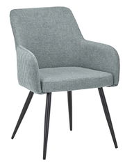 Grauer Armlehnstuhl mit schwarzem Metallgestell, seitliche Perspektive