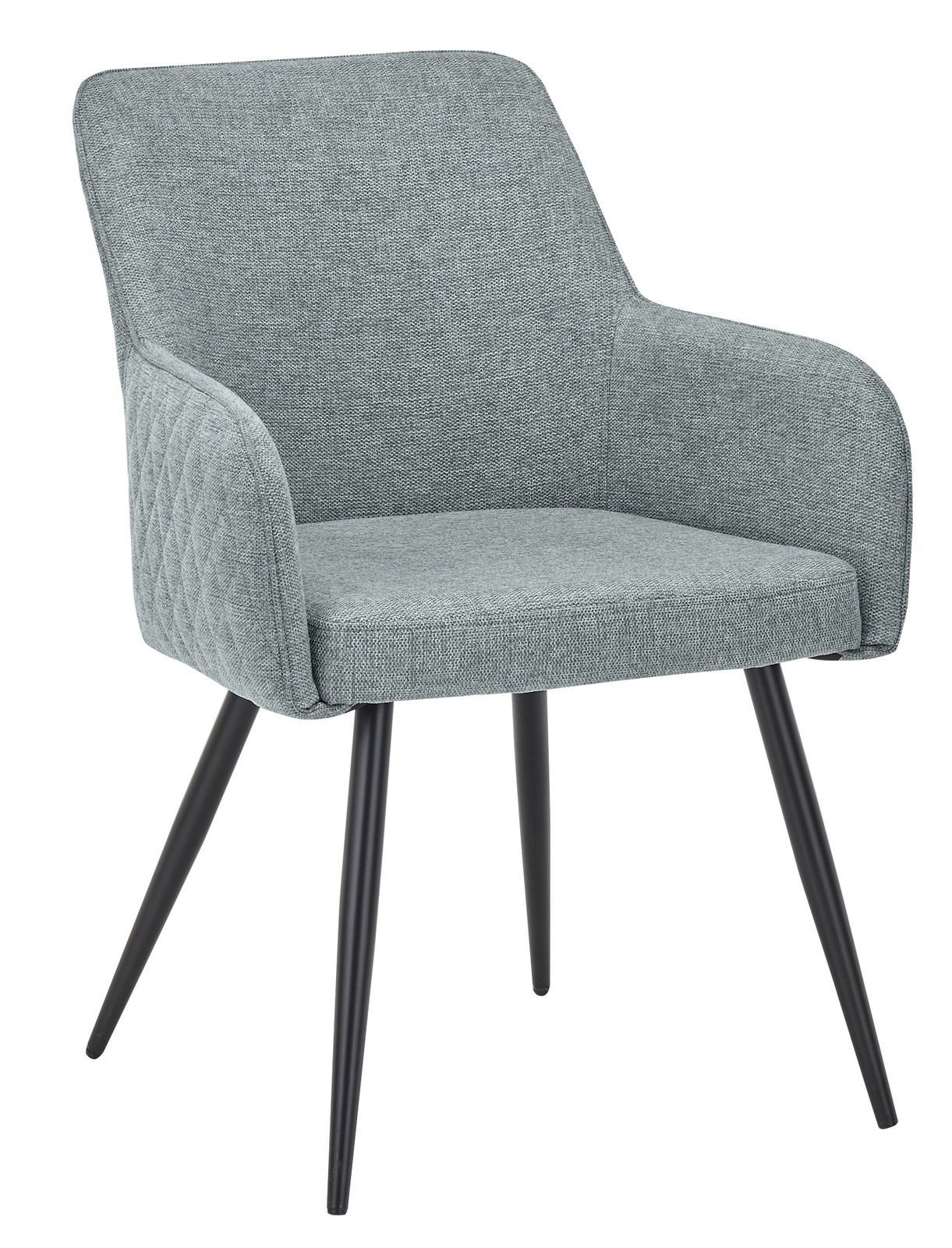 Grauer Armlehnstuhl mit schwarzem Metallgestell, seitliche Perspektive