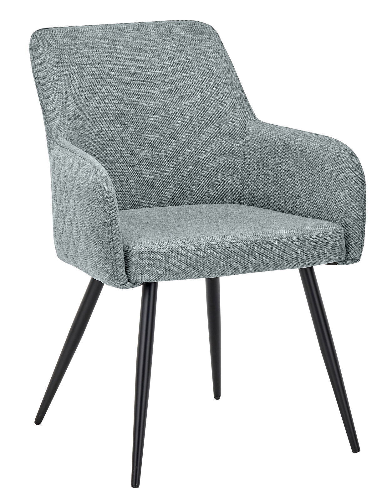 Grauer Armlehnstuhl mit schwarzem Metallgestell, seitliche Perspektive