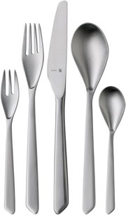 Besteckset Neo 30-tlg. aus Edelstahl, bestehend aus Gabel, Messer, Löffel, Kuchengabel und Teelöffel, frontal abgebildet.