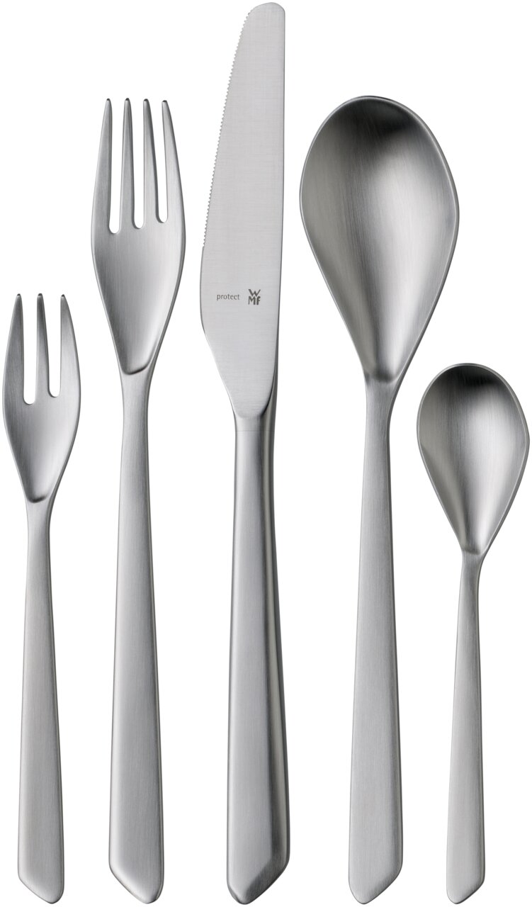 Besteckset Neo 30-tlg. aus Edelstahl, bestehend aus Gabel, Messer, Löffel, Kuchengabel und Teelöffel, frontal abgebildet.