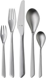 Besteckset Neo 30-tlg. aus Edelstahl, bestehend aus Gabel, Messer, Löffel, Kuchengabel und Teelöffel, frontal abgebildet.