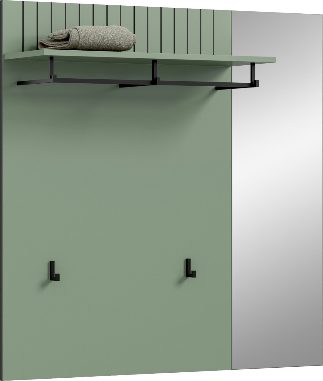 MID.YOU Garderobenpaneel STATION Wandgarderobe in Salbeigrün mit Ablagebrett und schwarzer Metall-Kleiderstange sowie zwei Haken, mit gefaltetem Handtuch oben; Ansicht schräg von vorn (Front-/Seitenperspektive)