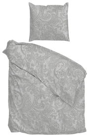 Bettwäsche-Set mit Paisley-Muster in Grau, bestehend aus einem Kissenbezug und einem Bettdeckenbezug, aus der Vogelperspektive fotografiert.