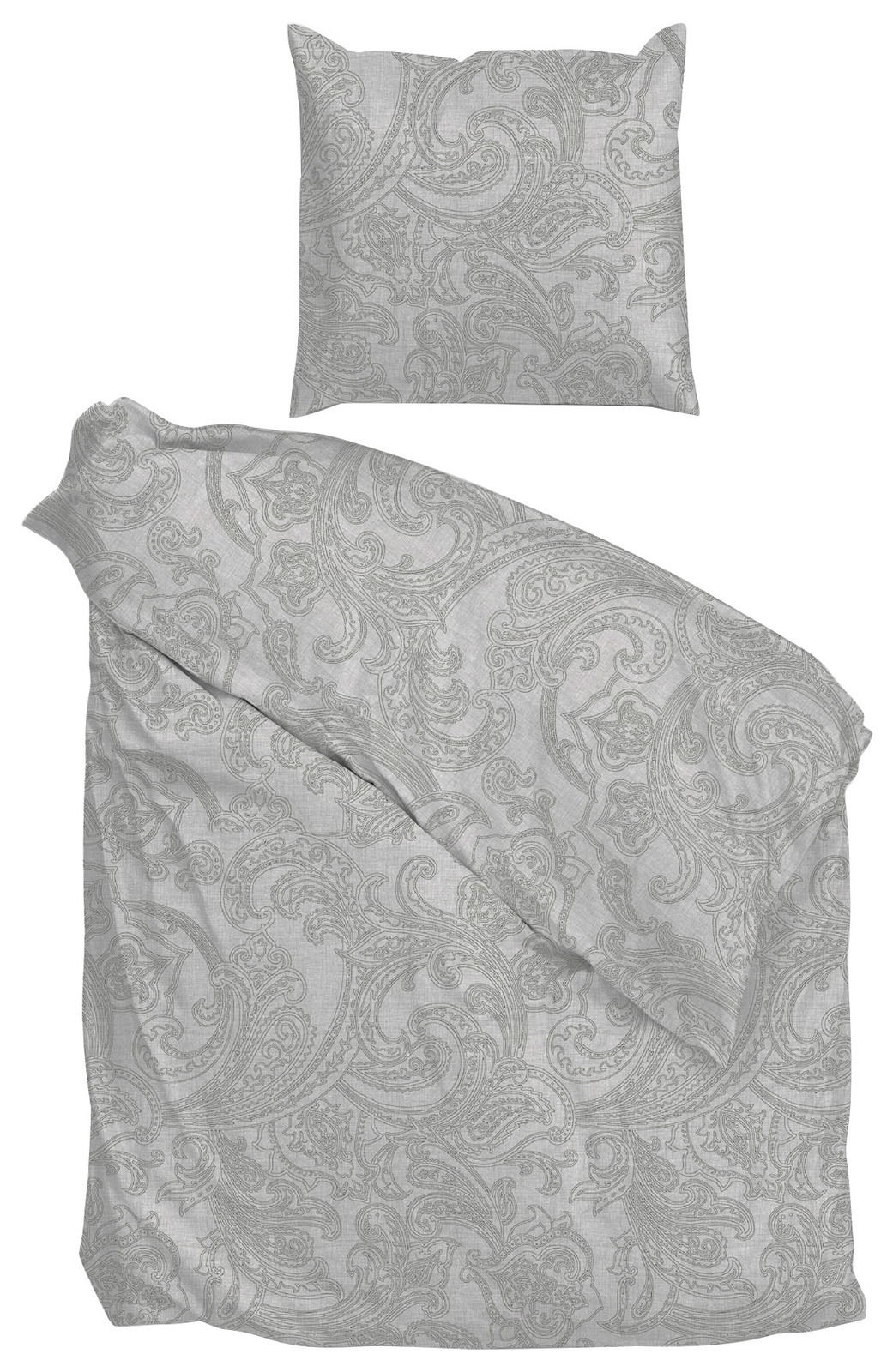 Bettwäsche-Set mit Paisley-Muster in Grau, bestehend aus einem Kissenbezug und einem Bettdeckenbezug, aus der Vogelperspektive fotografiert.