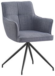 Grauer Armlehnstuhl mit Stoffbezug und schwarzem Metallgestell, seitliche Perspektive