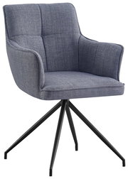 Grauer Armlehnstuhl mit Stoffbezug und schwarzem Metallgestell, seitliche Perspektive