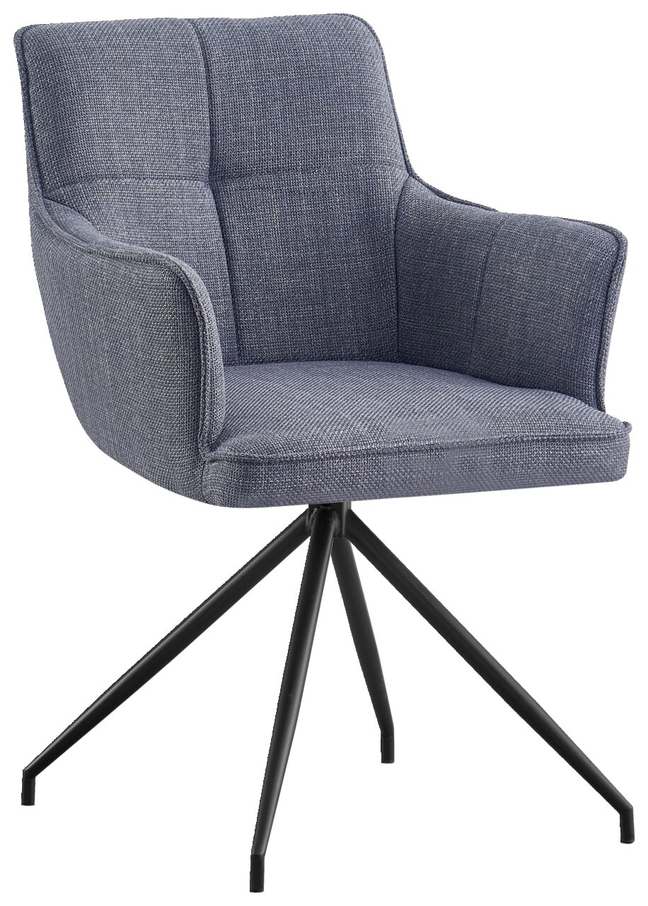 Grauer Armlehnstuhl mit Stoffbezug und schwarzem Metallgestell, seitliche Perspektive