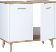 Weißer Waschtischunterschrank mit Holzplatte und zwei Türen, skandinavisches Design mit Holzfüßen, Ansicht schräg von vorne