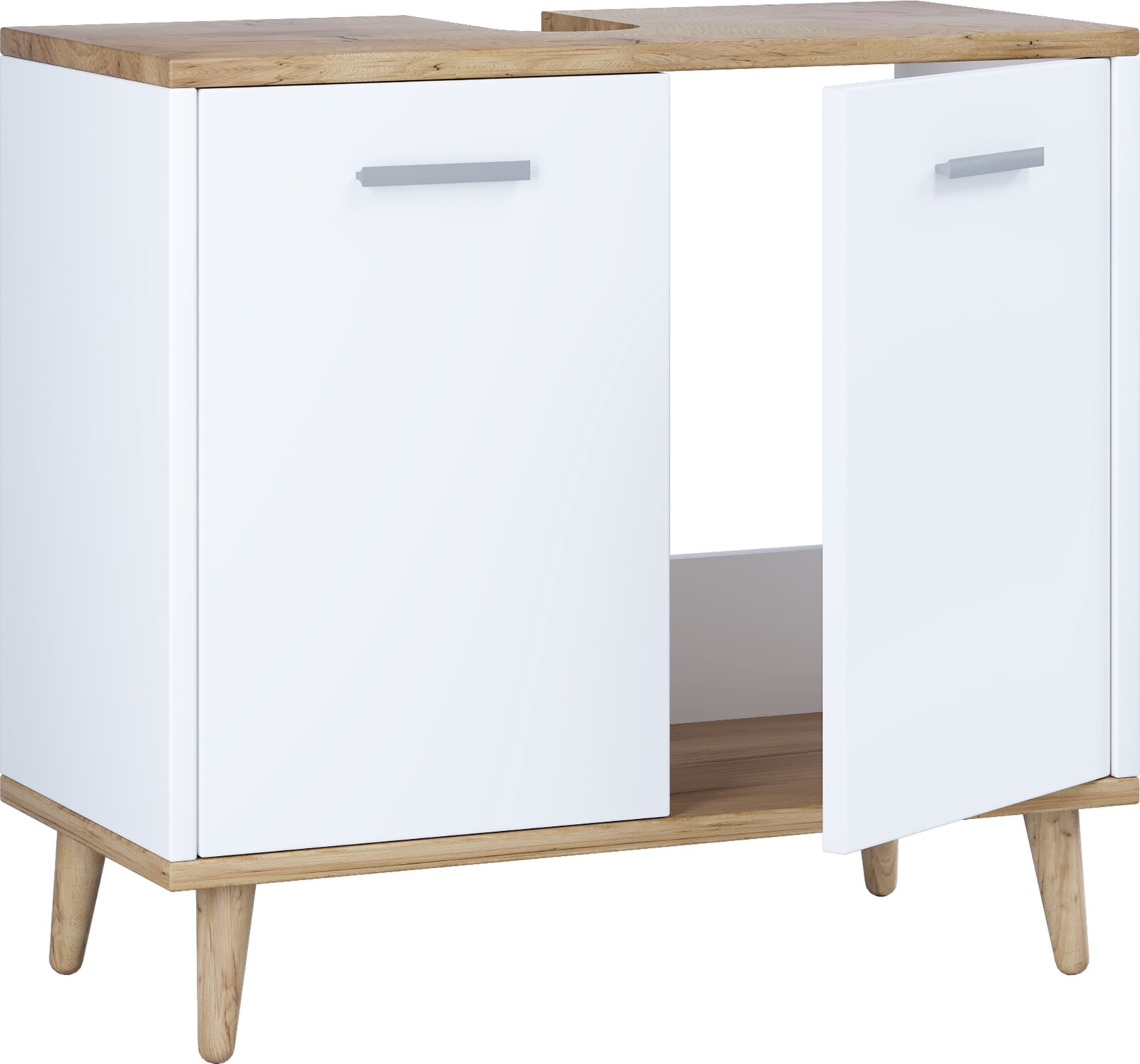 Weißer Waschtischunterschrank mit Holzplatte und zwei Türen, skandinavisches Design mit Holzfüßen, Ansicht schräg von vorne