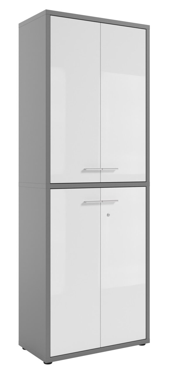 Manjana Aktenschrank 4-türig -Glas- TEXAS Hoher Aktenschrank mit zwei Doppeltüren, grauem Rahmen und weißen Fronten, seitliche Perspektive
