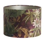 Zylindrischer Lampenschirm mit tropischem Blumenmuster in Grün- und Lilatönen, seitliche Perspektive