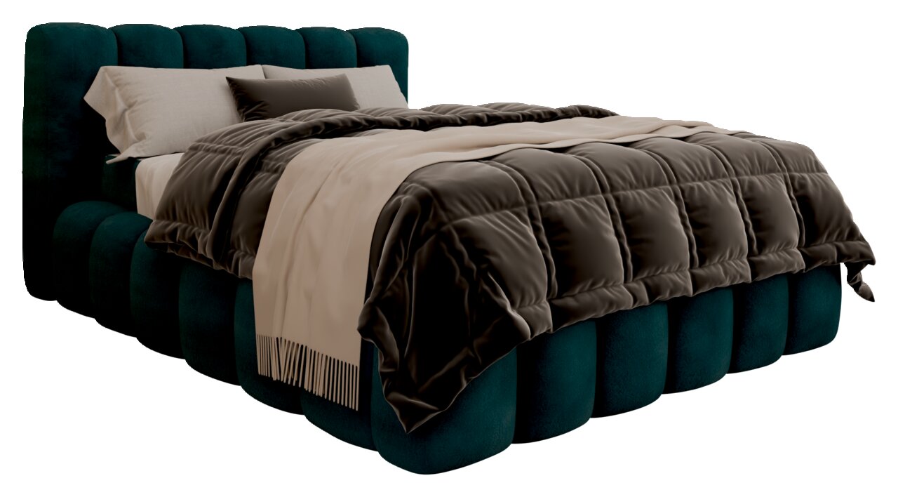 Polsterbett in seitlicher Perspektive mit dunkelgrünem, gestepptem Kopfteil und luxuriöser Bettwäsche in Beige und Dunkelbraun.