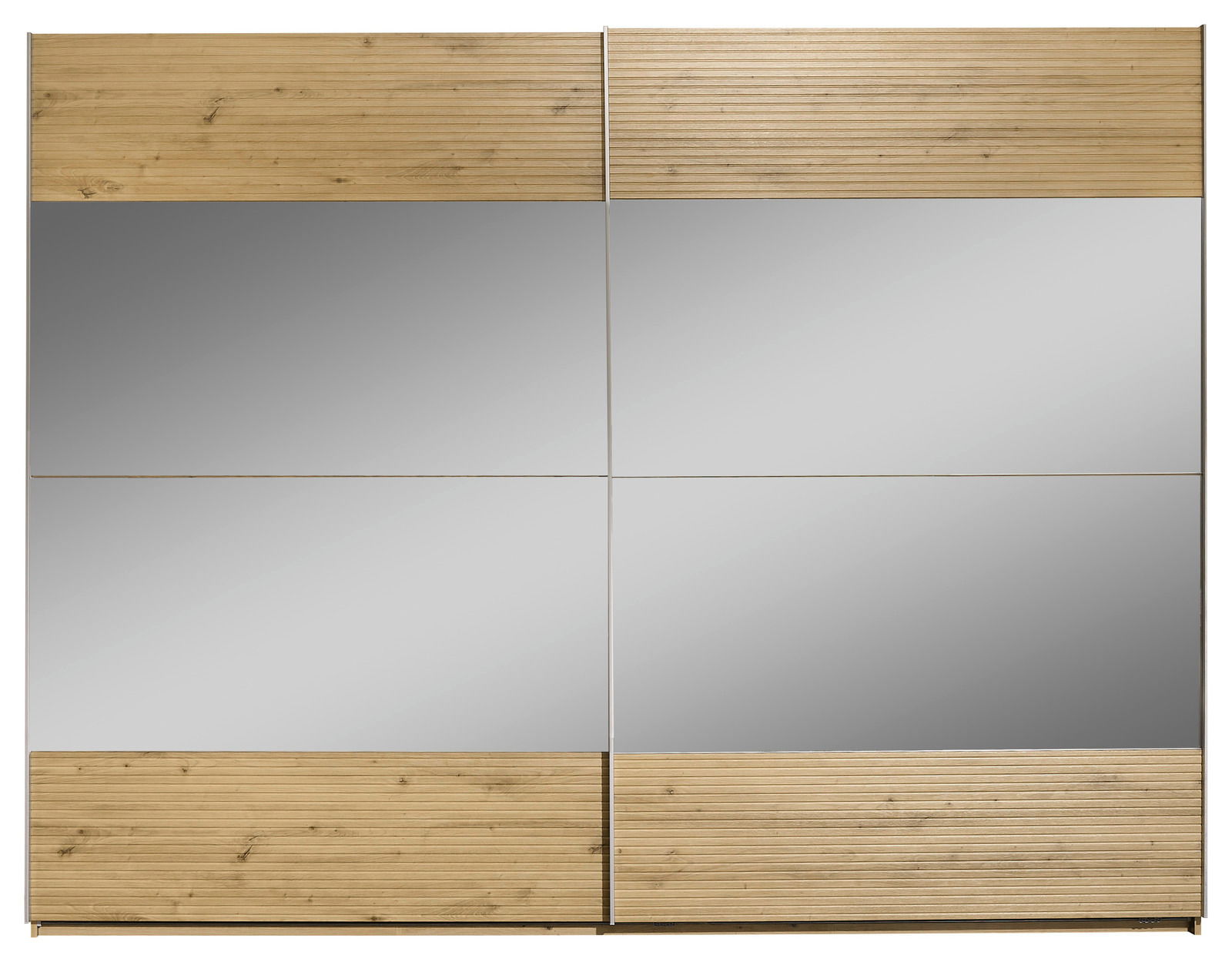 Schwebetürenschrank mit zwei Türen, Holzoptik und Spiegelflächen, Frontalansicht