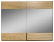 Schwebetürenschrank mit zwei Türen, Holzoptik und Spiegelflächen, Frontalansicht