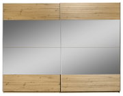 Schwebetürenschrank mit zwei Türen, Holzoptik und Spiegelflächen, Frontalansicht