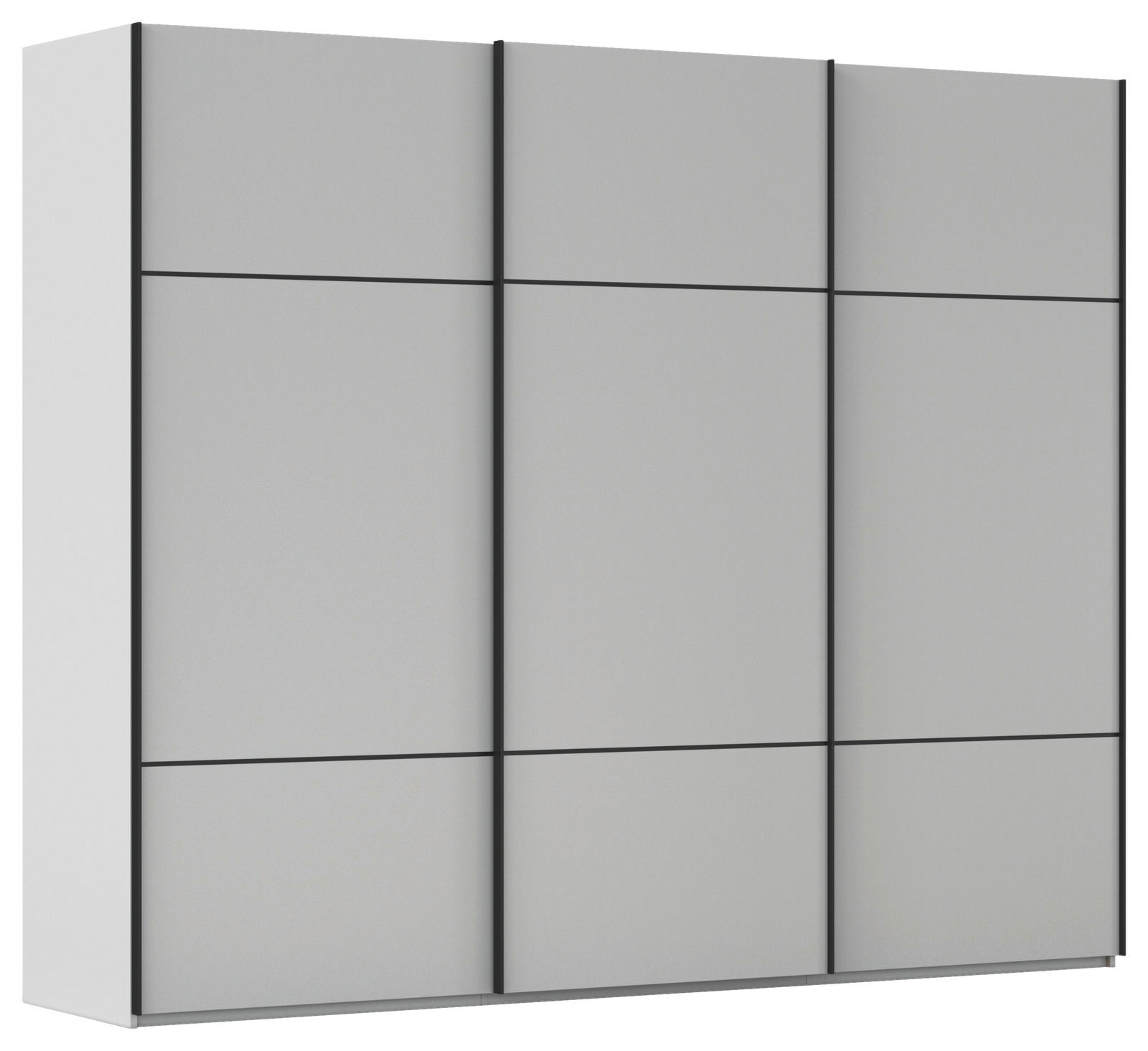 Moderner Schwebetürenschrank in grauer Farbe, seitliche Perspektive