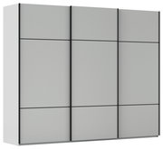 Moderner Schwebetürenschrank in grauer Farbe, seitliche Perspektive