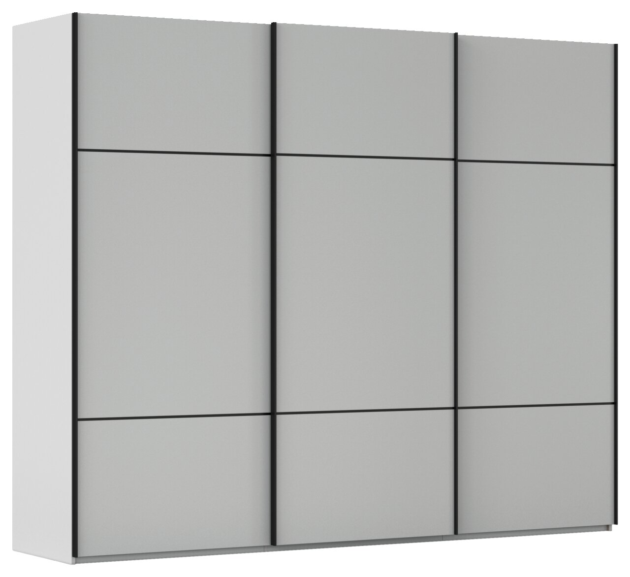 Moderner Schwebetürenschrank in grauer Farbe, seitliche Perspektive