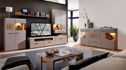 Moderne woonwand met dressoir en salontafel in een stijlvolle woonkamer, gezien vanaf de zijkant.