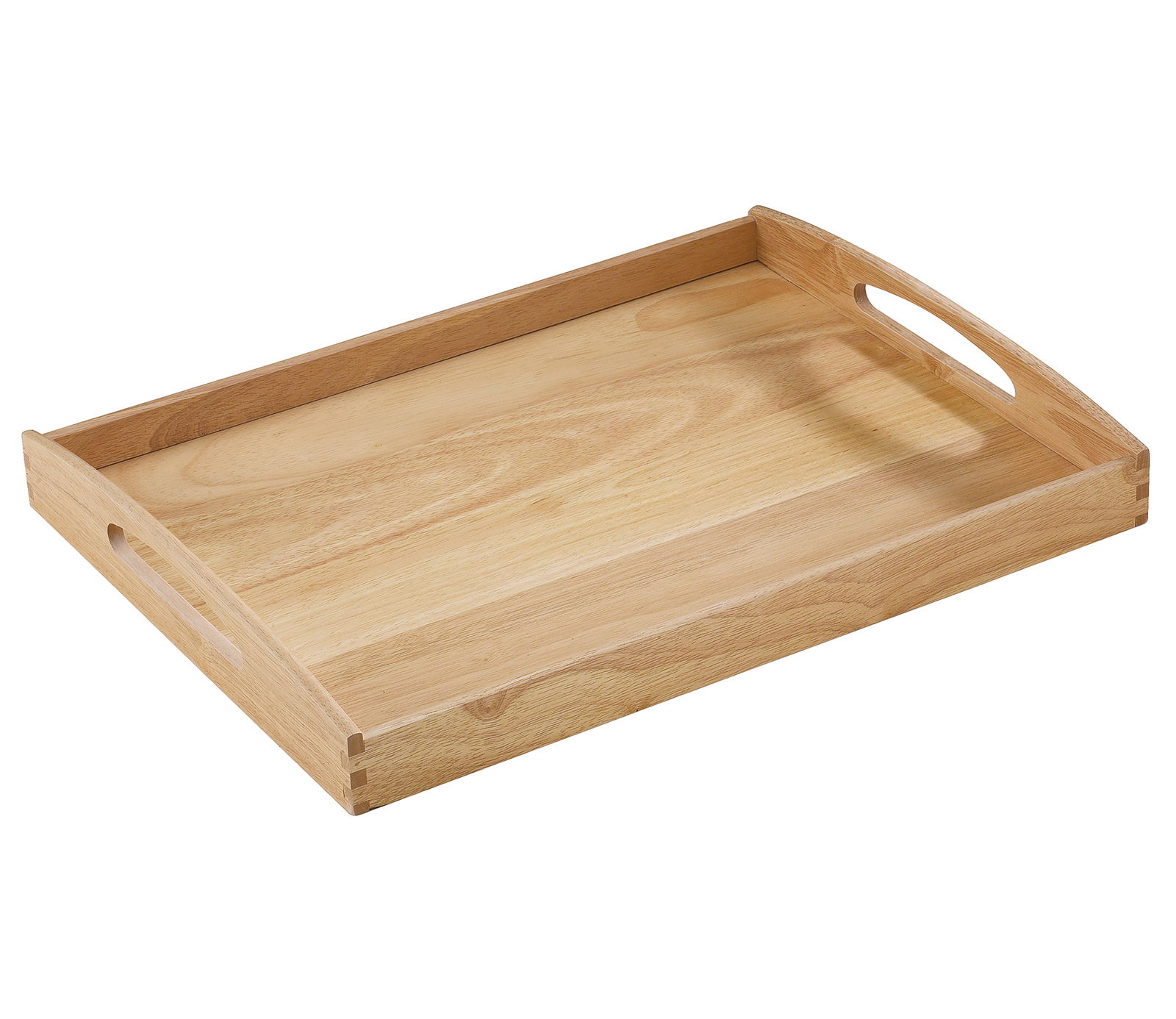 Rechteckiges Holztablett mit Griffen, seitliche Perspektive