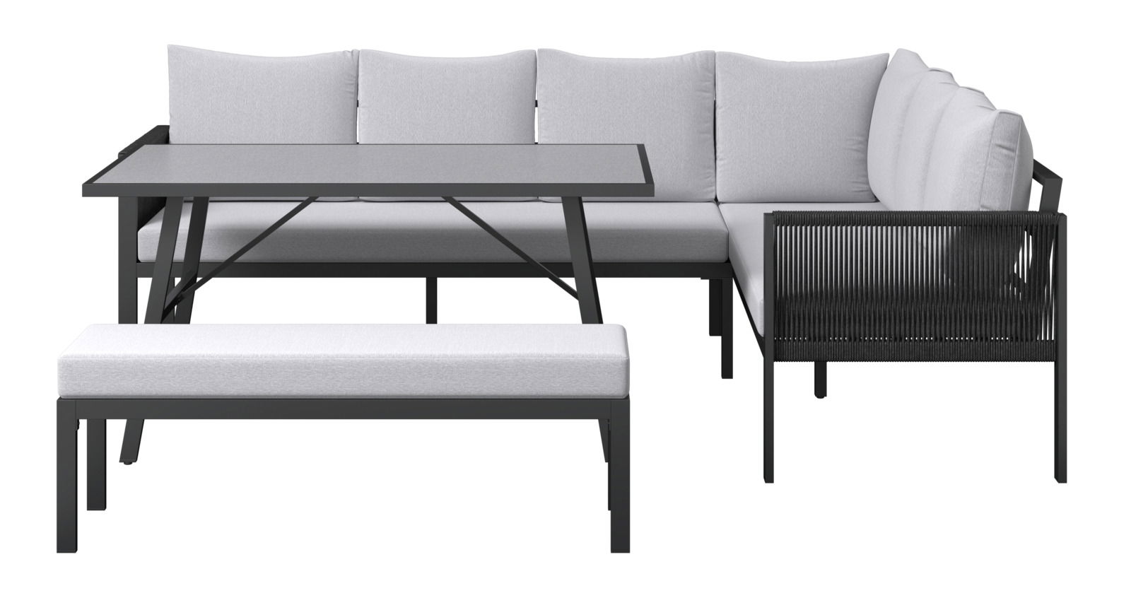 Gartenlounge-Set mit grauem Ecksofa, Tisch und Bank aus der Vorderansicht