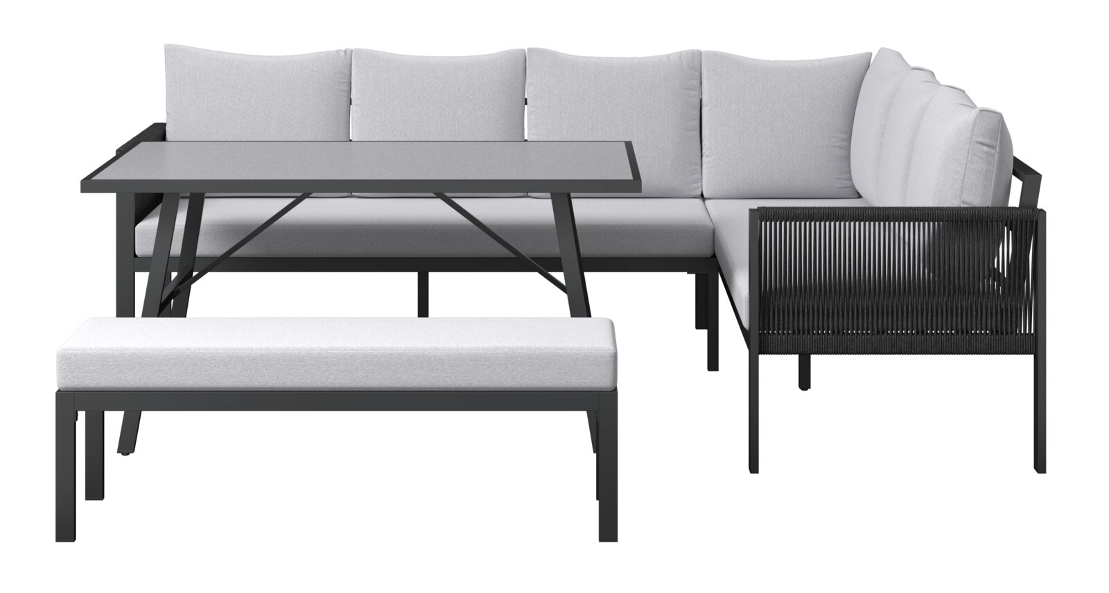 Gartenlounge-Set mit grauem Ecksofa, Tisch und Bank aus der Vorderansicht
